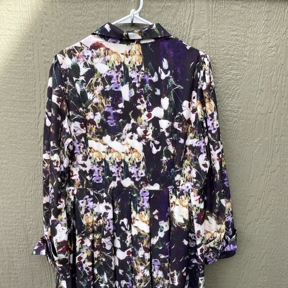 Dalia Macphee Long Sleeve Dress XL Pleated Abstract Floral Collared Button Fron - Picture 8 of 10